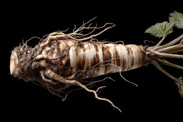 Poster - Parsnip with intricate root system displayed against a black background highlighting its natural details and textures