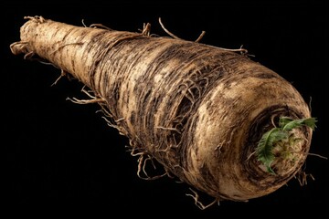 Poster - Root vegetable display showcasing a large horseradish with earthy textures and green leaves in natural light