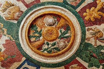 Poster - An intricate Roman mosaic floor, showcasing a rich tapestry of detailed patterns and vibrant colors, exemplifying ancient artistry and craftsmanship.