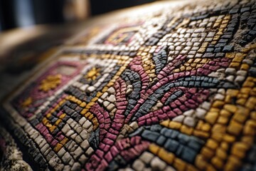 Poster - detailed close-up of an ancient roman mosaic floor, showcasing intricate geometric patterns and vibr