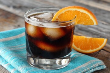 Poster - Refreshing drink with ice and orange slice served on a blue cloth