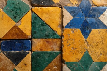 Poster - close-up of weathered decorative tiles with geometric patterns, showing aged texture and vibrant col