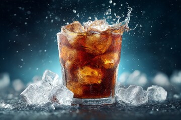 Poster - Freshly poured drink with ice creating splashes in a glass against a dark background