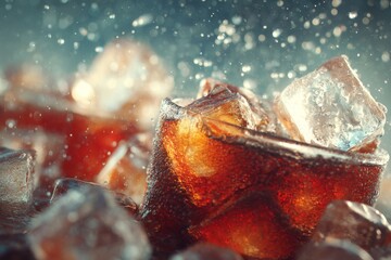 Poster - Refreshing drink with ice cubes splashing, captured in a close-up during a sunny afternoon