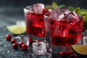 Aufkleber - Refreshing summer drink with mixed berries and lime on a dark textured surface