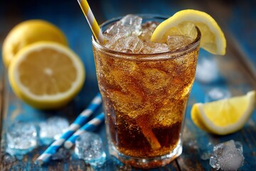 Poster - Refreshing drink with ice and lemon served on wooden table with decorative straws in a cozy setting