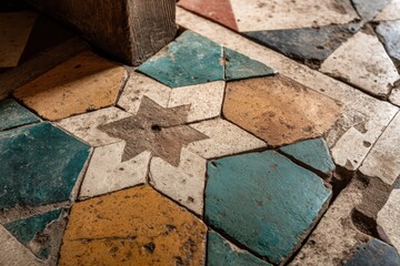 Poster - an old floor with decorative tiles, arranged in a geometric pattern with the light in it, shows the 