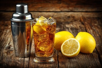 Poster - Refreshing iced tea with lemon slices and a cocktail shaker on a wooden table