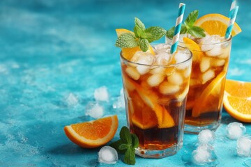 Poster - Refreshing iced tea with orange slices and mint leaves served in tall glasses on a vibrant blue background