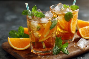 Poster - Refreshing iced tea served in glasses with fresh orange slices and mint on a wooden board during a summer afternoon gathering