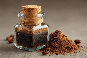 Aufkleber - Coffee spice blend in a glass container with ground coffee on the surface