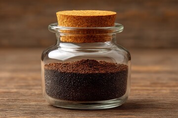Poster - Black cumin seeds in a glass jar on a wooden surface, showcasing their rich texture and color