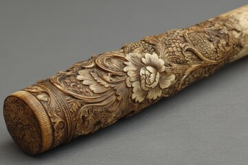 Poster - Intricate carved handle with floral patterns made of ivory displayed on a gray background