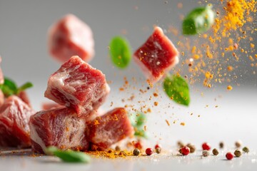 Poster - Chunks of raw meat with spices and herbs flying in the air during preparation in a kitchen setting