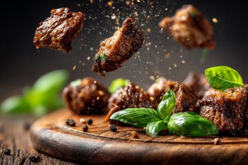 Poster - Juicy beef cubes tossed with fresh herbs captured in a rustic kitchen setting during evening hours
