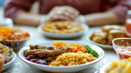 Poster - A person enjoying a meal with various dishes on the table