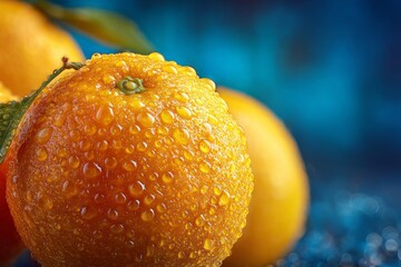 Poster - Fresh oranges with water droplets on a blue background create a vivid and refreshing atmosphere in a close-up view