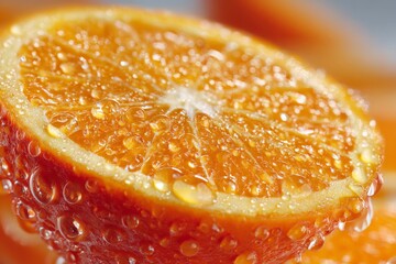 Poster - Freshly sliced orange half covered in water droplets on a blurred background with additional orange slices around it