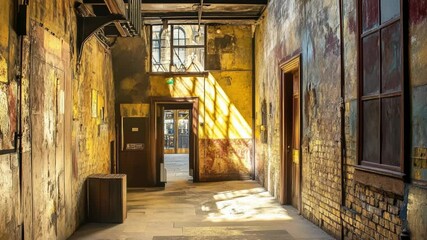 Aufkleber - A hallway with a door and a window, ideal for interior design or architectural projects