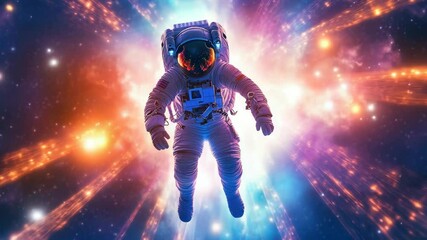 Poster - An astronaut in a space suit floats through the vastness of space, surrounded by stars and planets