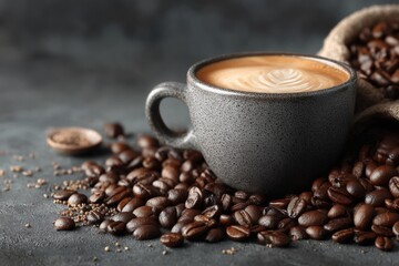 Poster - Rich espresso served in a textured cup surrounded by coffee beans on a dark surface