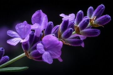 Aufkleber - Lavender flower cluster illuminated against a dark background showcasing intricate petal details and vibrant colors