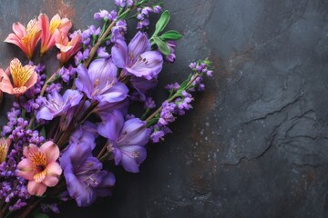 Aufkleber - Beautiful arrangement of purple and pink flowers on a dark stone background showcasing vibrant colors and delicate nature