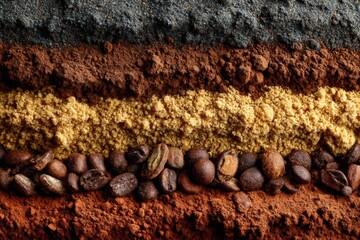 Poster - Colorful layers of coffee, spices, and sugar arranged artistically for culinary creativity during a kitchen photography session