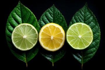 Poster - Colorful citrus slices arranged on lush green leaves against a dark background showcasing freshness and nature's beauty