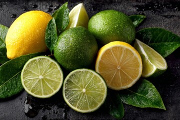 Poster - Bright citrus fruits arranged on dark stone surface surrounded by green leaves highlighting freshness and variety of flavors