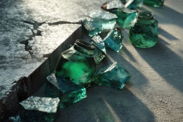 Poster - A captivating close-up of emerald glass jars and rough-cut fragments, scattered on a textured concrete surface, showcasing artistic brilliance and intricate details.