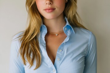 Poster - Young woman poses gracefully in light blue shirt with soft smile and natural beauty in indoor setting during daytime