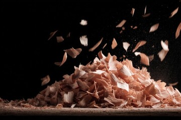 Poster - Wood shavings cascade from above, creating a dynamic display of texture and movement in a dark environment