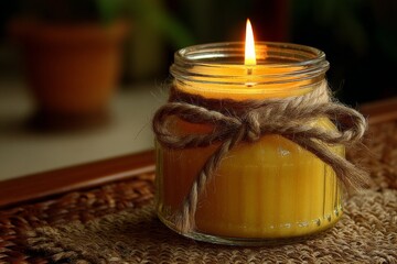 Poster - Elegant candle burning softly in a glass jar tied with twine on a woven mat in a cozy indoor setting