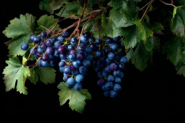 Poster - Bunch of ripe blue grapes hanging with green leaves in a dark setting during harvest season