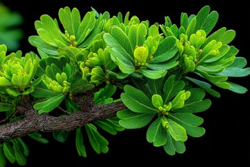 Poster - Detailed view of vibrant green foliage on a branch showcasing fresh spring growth