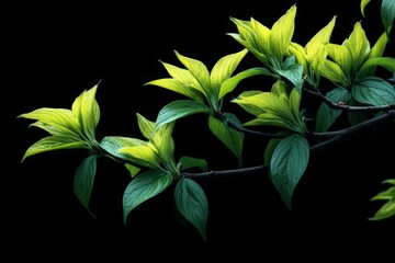 Poster - Bright green leaves illuminated against a dark background highlight the beauty of nature in springtime