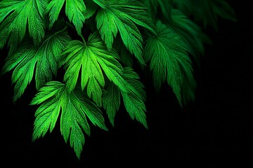 Poster - Lush green leaves with intricate textures against a dark background create a serene natural ambiance in a lush garden setting
