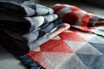 Poster - Close-up shot of folded textiles with red and blue triangle pattern, showcasing texture and design. Perfect for fabric pattern or home decor related projects.