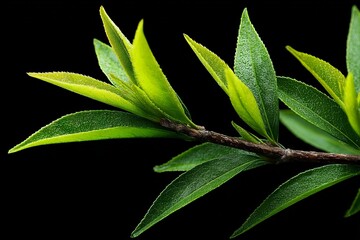 Poster - Close-up of vibrant green leaves on a slender branch against a black background highlighting natural beauty of foliage