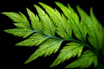 Poster - Detailed close-up of a green fern leaf with water droplets captured in natural light