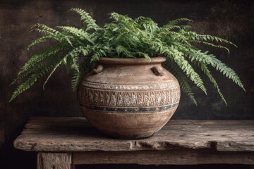 Poster - Decorative clay pot with lush green fern on rustic wooden table in a dimly lit room showcasing natural beauty