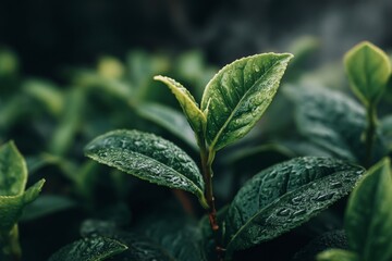 Poster - Close-up view of fresh tea leaves glistening with dew in a lush garden setting during early morning hours