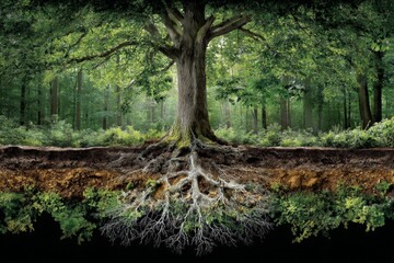 Aufkleber - Majestic tree displays intricate root system in a lush forest setting during daylight