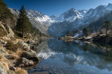 Poster - Snow-capped mountains reflecting in a serene lake surrounded by pine trees at midday