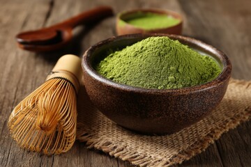 Poster - Matcha powder in a bowl with whisk and accessories on a rustic wooden table