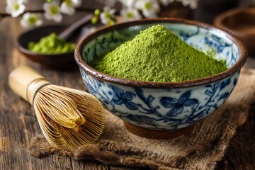 Poster - Green matcha powder in decorative bowl with whisk on wooden table surrounded by cherry blossom flowers