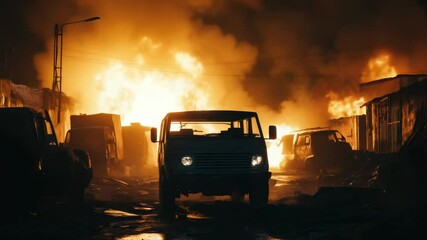 Aufkleber - A vehicle is parked in front of a fire scene, ideal for emergency or rescue themes