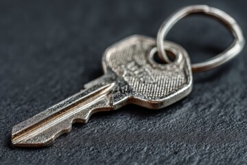 Aufkleber - Close-up view of a metal key resting on a dark surface highlighting fine details of its design and texture in natural light
