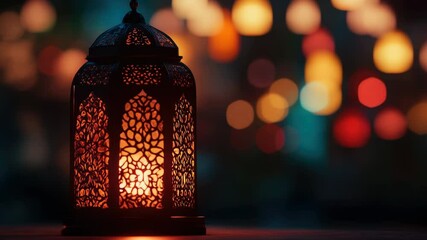 Poster - A single lit lantern sitting on top of a wooden table, ideal for use in rustic or vintage-themed settings